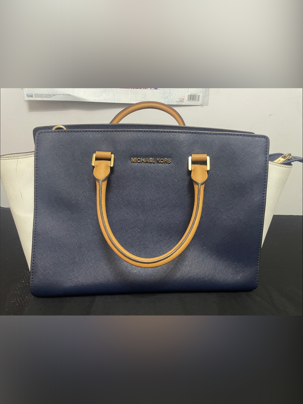 Michael Kors Navy and Tan Saffiano Leather Satchel with Gold Hardware